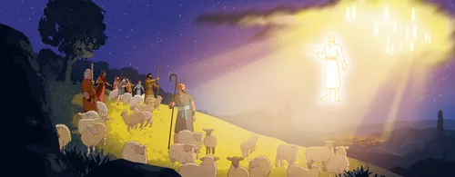 An angel appearing to a group of shepherds.