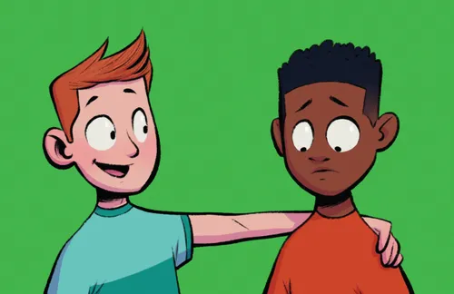 Smiling preteen boy with his arm around the shoulders of another frowning boy