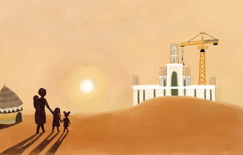 一位妇女和孩子们路过圣殿建筑基地的剪影