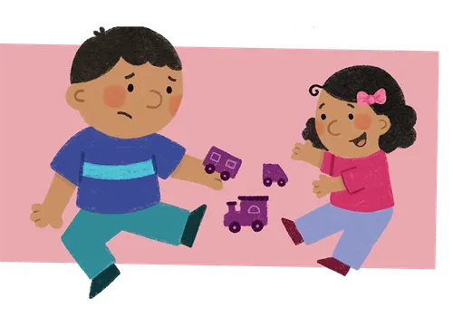 A boy looking sad as he plays with his younger sister