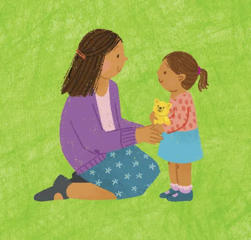 Woman kneeling in front of little girl