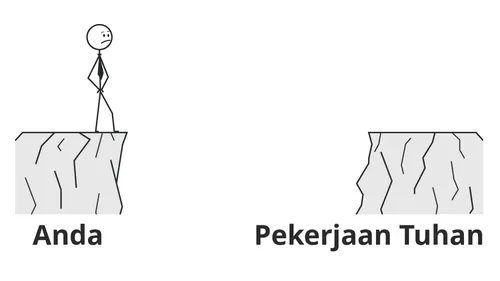 figur tongkat berdiri di langkan dengan celah di antara langkan itu dan sisi lainnya, diberi label “Pekerjaan Tuhan”