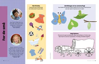 PDF-side med en malebogsaktivitet med en overdækket vogn, en sommerfugleaktivitet, der skal sættes i rækkefølge, og en aktivitet med valg på sabbatsdagen