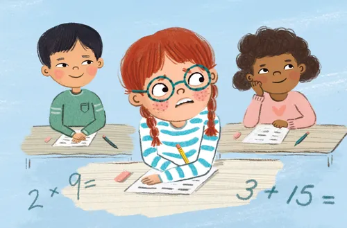 Illustration of girl thinking and writing on paper while surrounded by math problems