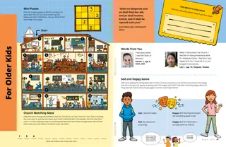 Page PDF with a maze activity showing different rooms in a church building, a numbers puzzle, and a boy and girl with sad and happy faces