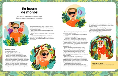 Página en PDF de un niño con anteojos oscuros escuchando a los monos en un entorno selvático