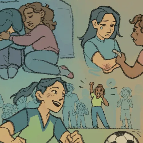 young woman comforting, offering help, and cheering someone on