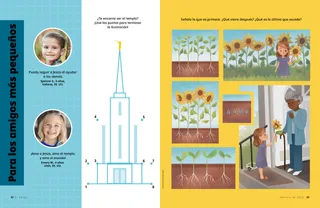 PDF de una página con una actividad de unir los puntos del templo e imágenes de diferentes etapas del crecimiento de un girasol