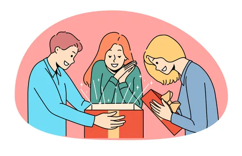 three illustrated figures smiling and opening a gift