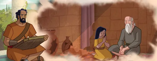 The man and the girl praying, with Paul in the foreground.