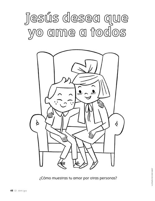 Página en PDF para colorear de una niña y un niño sentados en una silla grande con los brazos alrededor de los hombros el uno del otro