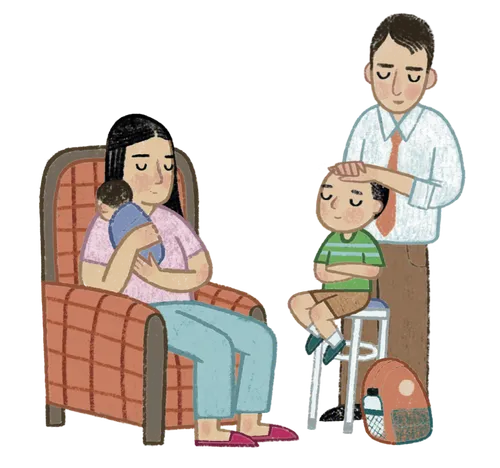 Man giving boy a blessing; woman is sitting nearby holding a baby; the boy has a backpack by his chair