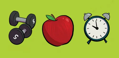 Dumbells, apples, and a clock