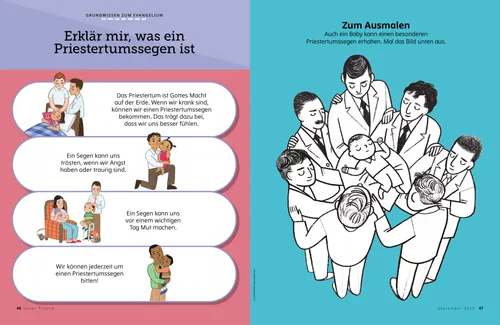 Illustrationen von zwei Männern, die einem kranken Mädchen im Bett einen Segen geben, einem Mann, der ein weinendes Mädchen tröstet, einem Mann, der einem Jungen vor der Schule einen Segen gibt, einem Jungen, der einen Mann umarmt und ein Ausmalspiel, bei dem Männer einem Baby einen Segen geben