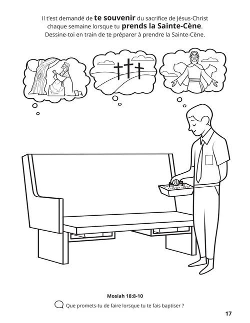 Coloriage au format PDF d’un petit garçon tenant un plateau de Sainte-Cène devant un banc d’église, avec de petites illustrations de Jésus-Christ dans le jardin de Gethsémané, de trois croix sur une colline et du Christ ressuscité