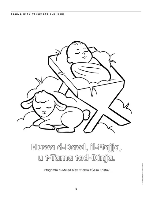 Paġna tal-kulur PDF tat-tarbija Ġesù fil-maxtura u ħaruf