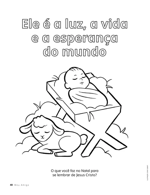Página em PDF para colorir do menino Jesus em uma manjedoura com um cordeiro deitado ao lado