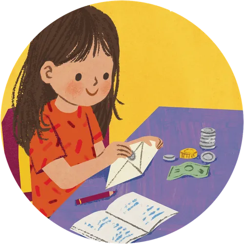 A girl putting money in a tithing envelope