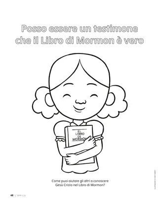 Pagina da colorare di una bambina che abbraccia il Libro di Mormon