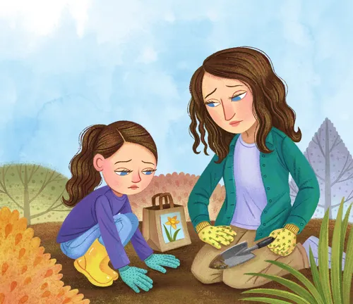 Image of a girl and her mother planting seeds in the ground