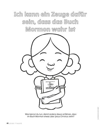 Ausmalbild von einem Mädchen, das das Buch Mormon an sich drückt