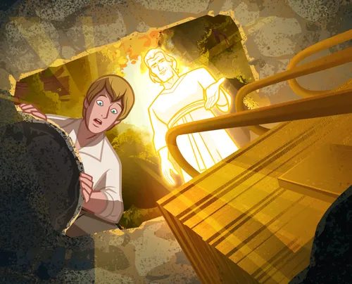 The angel Moroni guiding Joseph Smith to the gold plates.