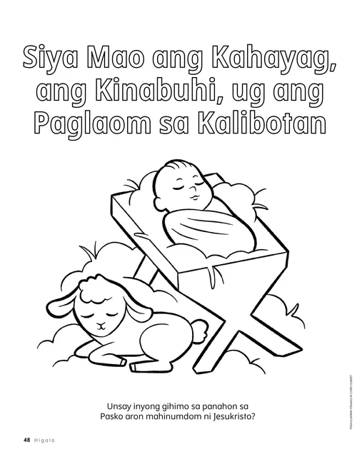PDF nga pahina sa batang Jesus nga koloranan nga naa sa pasongan uban sa nati nga karnero nga naghigda sa duol