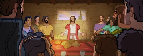 Jesus and His Apostles gathered around a table.
