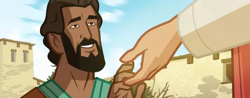 Nathanael kneeling to Jesus.