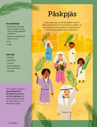 Pdf-sida med illustration av barn klädda i bibliska kläder och som håller i palmblad.