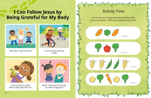 Page PDF of children with different abilities, two children riding tricycles, eating fruit, and smiling