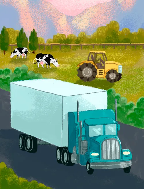 A semitruck on a road, and a tractor in a field with two cows