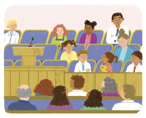 Children sitting on stand