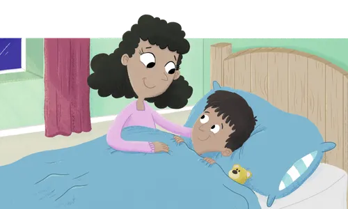 Mom tucking boy into bed