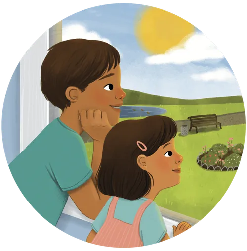 A boy and a girl looking out a window at a grassy area