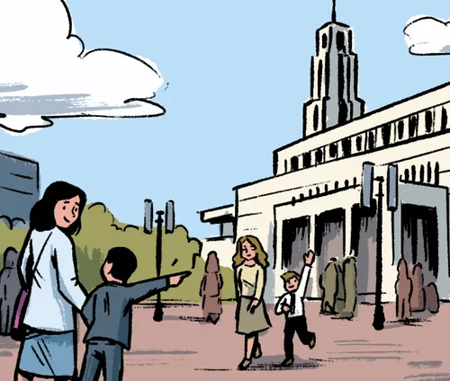 Illustration of boy with his mom outside the Conference Center, pointing toward another boy and woman who are walking toward them
