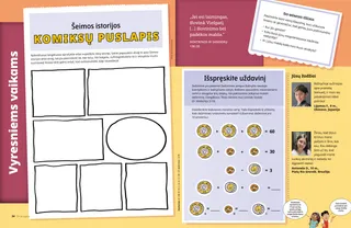 PDF puslapis su užduotimi, skirta sukurti šeimos istorijos komiksą, ir uždaviniu dešimtinės tema