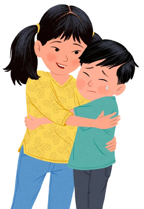 A girl hugging a crying boy