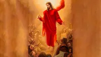 "He Comes Again to Rule and Reign" by Mary R. Sauer. Jesus Christ is descending to Earth at his Second Coming. There are men, women, and children surrounding him. He is wearing a red robe and is looking down at those who are gathering.