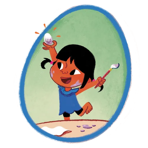 Little girl smiles and holds her egg and brush high