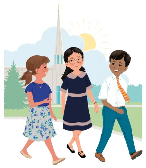 Two girls and a boy in church clothes walking in front of a temple