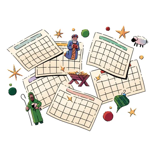 calendar pages and Christmas figurines