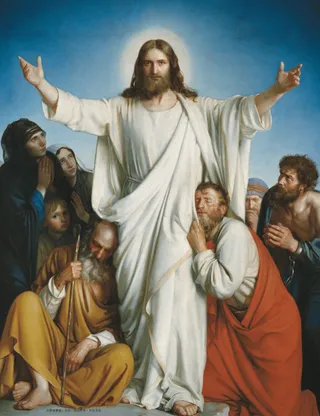 耶稣基督张开双臂，人们围着祂