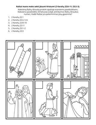 Pradinukų užduotėlių puslapis. Raštai moko mane sekti Jėzumi Kristumi