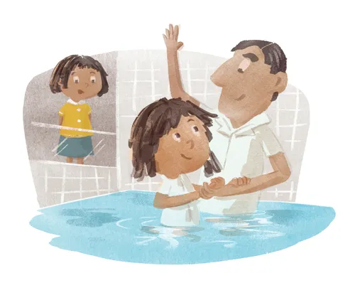 A girl getting baptized while another girl watches outside the font