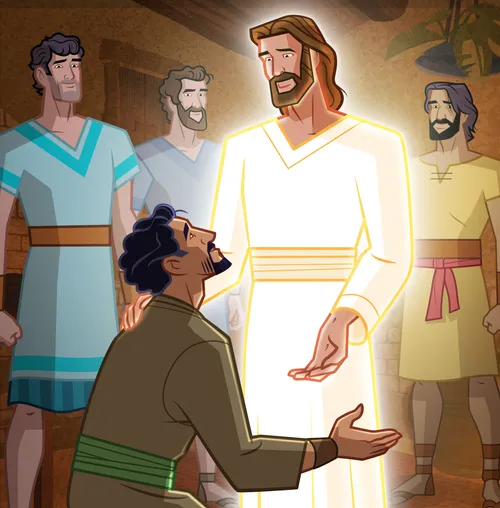 Thomas kneels before Jesus.