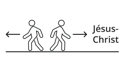 deux personnages allumettes, l’un s’éloignant de Jésus-Christ et l’autre marchant vers lui