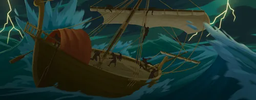 The ship is caught in a storm.