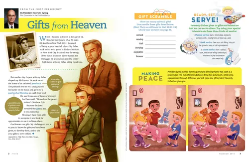 Page PDF with illustration of a man giving a boy a blessing; plus a spot-the-differences activity of children playing with stuffed animals