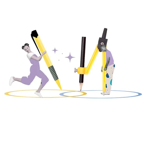 young women with oversized pen and compass